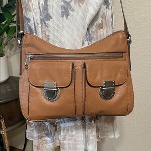 Fossil Riley Tan Leather Front cargo pockets Crossbody Bag